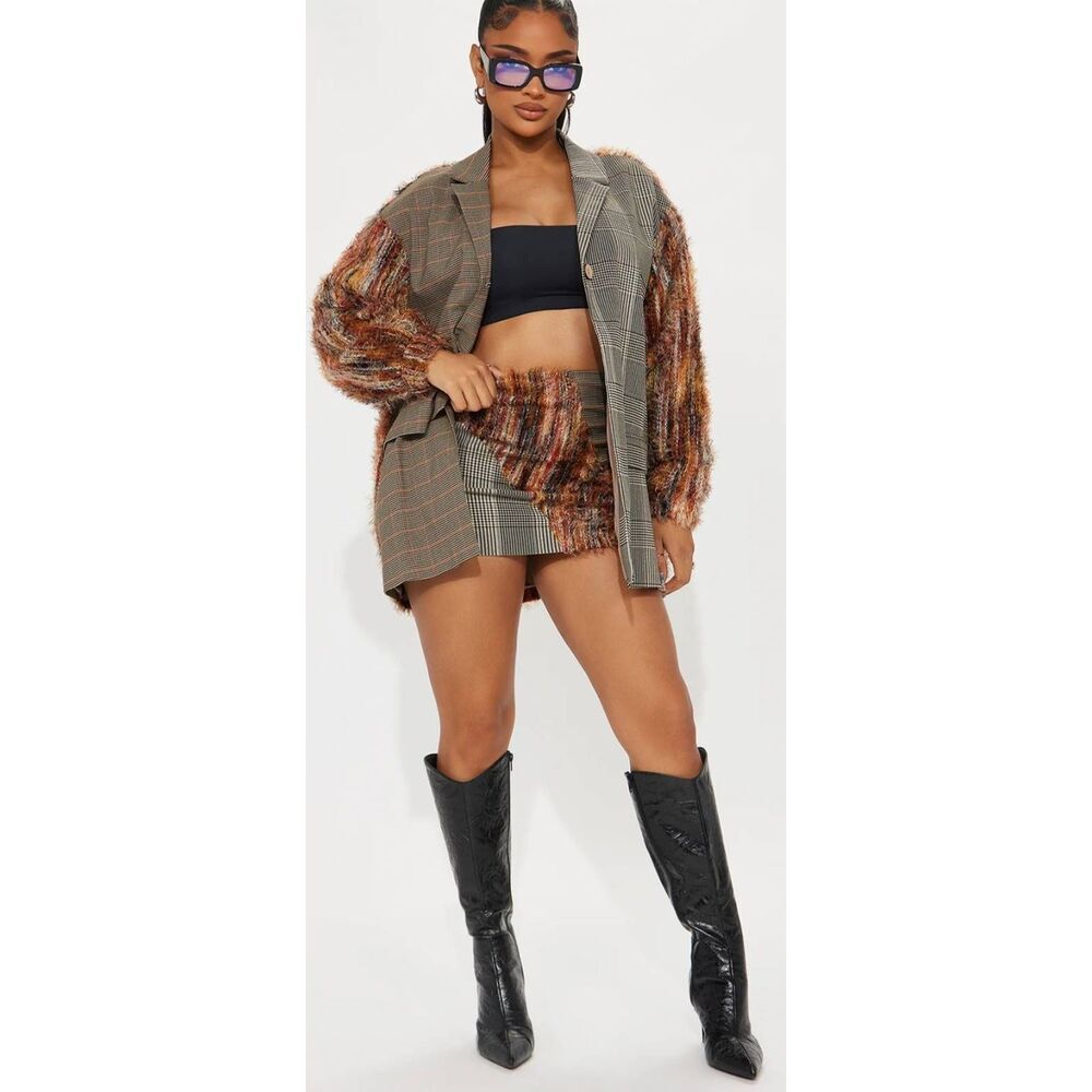 Fashion Nova "Don't Assume" Brn,Blk, Ivory Plaid Blazer Skirt Set, NWT, 3XL
